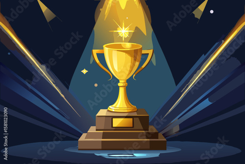 Shiny Golden Trophy on Luxurious Velvet Podium Under Dramatic Spotlight with Glowing Bokeh – Award Ceremony Vector Illustration Concept – Generative AI