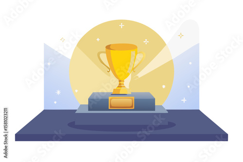 Shiny Golden Trophy on Luxurious Velvet Podium Under Dramatic Spotlight with Glowing Bokeh – Award Ceremony Vector Illustration Concept – Generative AI