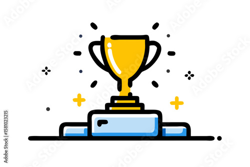 Shiny Golden Trophy on Luxurious Velvet Podium Under Dramatic Spotlight with Glowing Bokeh – Award Ceremony Vector Illustration Concept – Generative AI