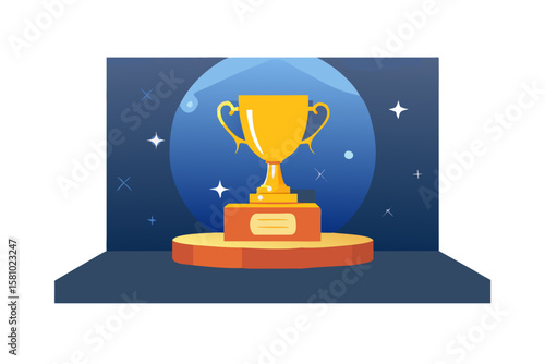 Shiny Golden Trophy on Luxurious Velvet Podium Under Dramatic Spotlight with Glowing Bokeh – Award Ceremony Vector Illustration Concept – Generative AI