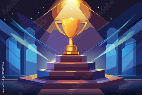 Shiny Golden Trophy on Luxurious Velvet Podium Under Dramatic Spotlight with Glowing Bokeh – Award Ceremony Vector Illustration Concept – Generative AI