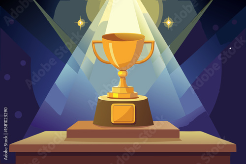 Shiny Golden Trophy on Luxurious Velvet Podium Under Dramatic Spotlight with Glowing Bokeh – Award Ceremony Vector Illustration Concept – Generative AI