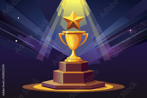 Shiny Golden Trophy on Luxurious Velvet Podium Under Dramatic Spotlight with Glowing Bokeh – Award Ceremony Vector Illustration Concept – Generative AI