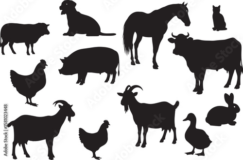 Variety of farm animal silhouettes including sheep, pigs, horses, cows, chickens, goats, rabbits, and ducks, ideal for agricultural or rural-themed designs
