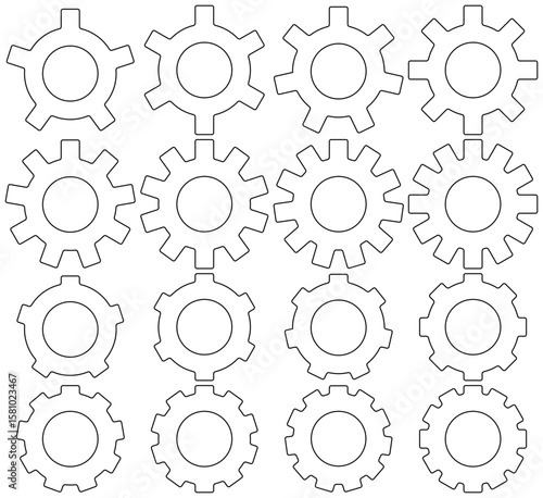 Set of outlines of 16 isolated simple flat gears with 5 to 12 teeth. Includes variants with short teeth. Sheet of cogs or toothed wheels. Settings icon with thin line. Vector illustration. 