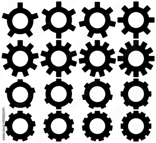 Set of 16 isolated simple flat gears with 5 to 12 teeth. Includes variants with short teeth. Sheet of cogs or toothed wheels. Settings icon. Vector illustration. 