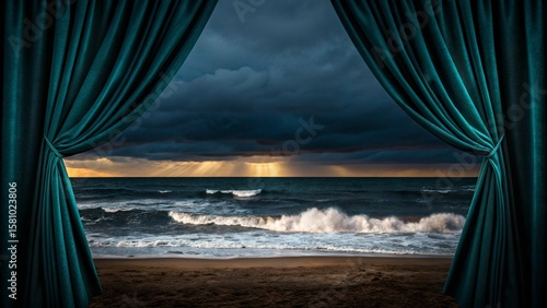 Dramatic Teal Velvet Curtains Reveal Stormy Ocean Sunset Beach Scene