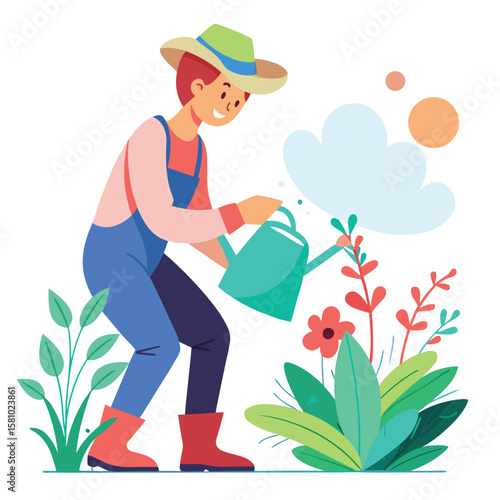 A soft pastel style depiction of a gardener watering plants, peaceful nature scene.
