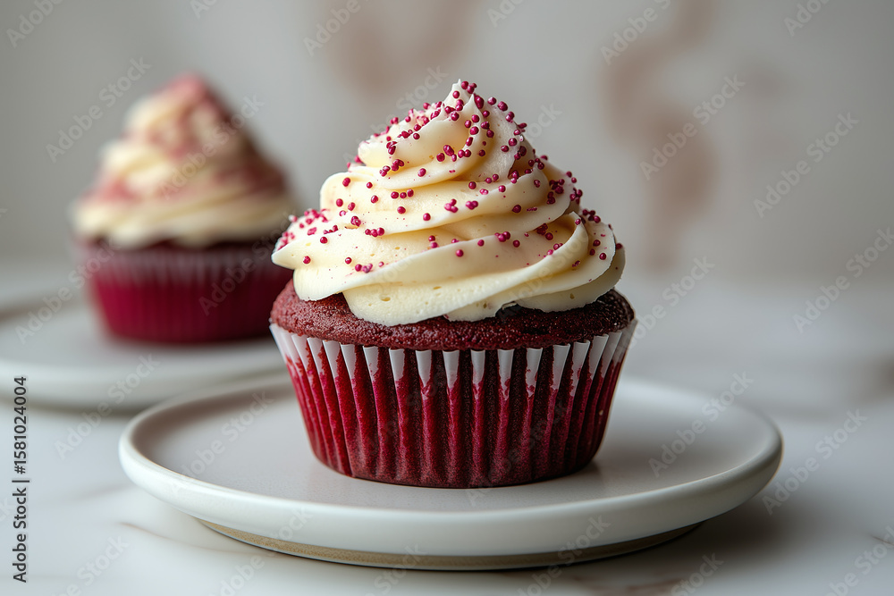 Red Velvet Cupcakes with Cream Frosting on Plate – Sweet Dessert Pastry, Bakery Food on White Background Red Velvet Cupcakes with Cream Frosting on Plate – Sweet Dessert Pastry, Bakery Food on White Background