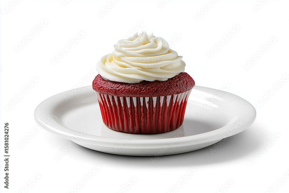 Single Red Velvet Cupcake with Cream Swirl Frosting on Plate – Sweet Dessert on White Background, Minimal Food Composition Single Red Velvet Cupcake with Cream Swirl Frosting on Plate – Sweet Dessert on White Background, Minimal Food Composition