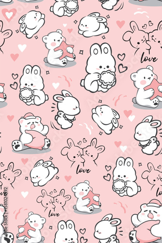 Cute cartoon animals and hearts pattern on a pink background.