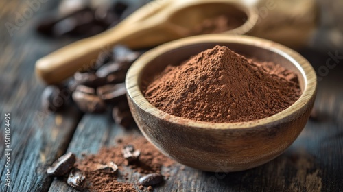 Wooden bowl filled with cocoa powder and beans for natural chocolate ingredient photography culinary food concept