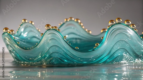 Serene Teal Glass Wave Sculpture with Gold Accents: Luxury Home Decor