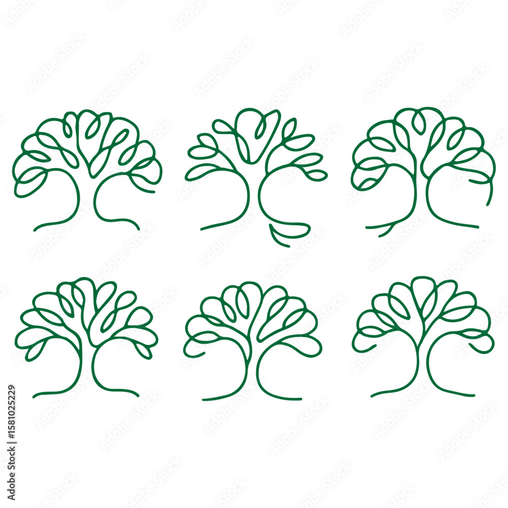 Fototapeta premium A diverse set of vector tree illustrations featuring leaves, branches, and trunks, perfect for nature-inspired design and environmental icons