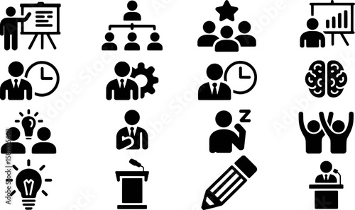 Business meeting icons representing teamwork presentation and ideas vector