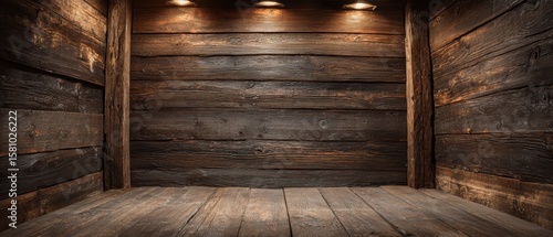 A rustic wooden room with spotlights illuminating the textured planks on the walls and floor, creating a warm, cozy atmosphere