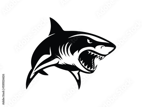 Stylized illustration of a great white shark in black and white art