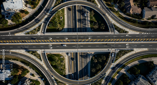 Aerial View Of Multi Lane Highway Overpass Intersection And Cityscape