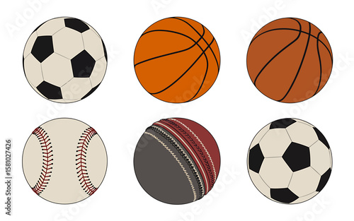 A Set of Six Sport Balls Soccer, Basketball, Baseball, Cricket Ball Graphics