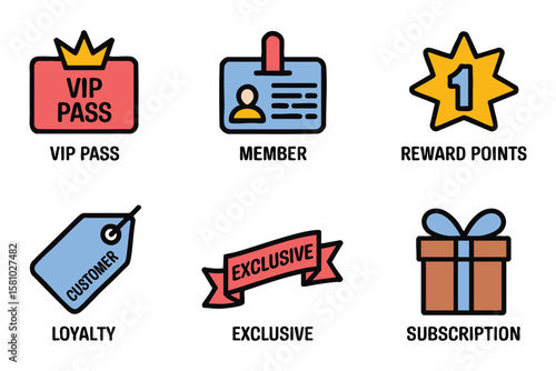 Loyalty program icons showcase member perks like vip passes, reward points, subscriptions, and customer exclusivity.