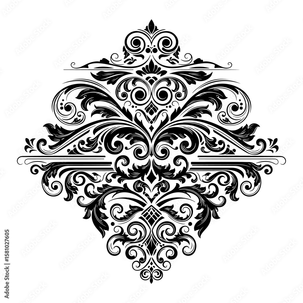 Intricate Black and White Ornamental Design with Swirls, Leaves, and Symmetry Intricate Black and White Ornamental Design with Swirls, Leaves, and Symmetry