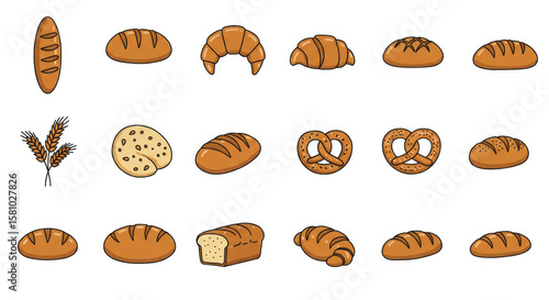 Icon set of a different breads. Illustration of different salad and sweetie breads