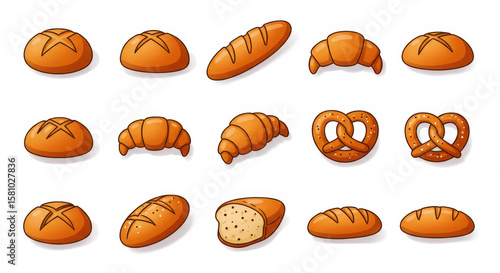 Icon set of a different breads. Illustration of different salad and sweetie breads