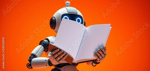 Cheerful robot, bright orange background, holding open book,   bright background,  knowledge robot