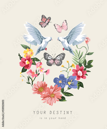 colorful flowers bouquet and butterflies vector illustration