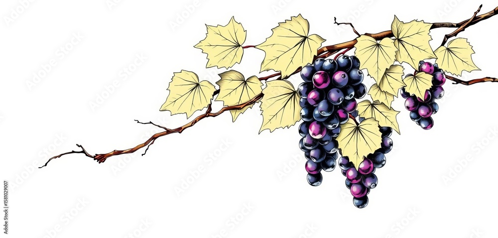 Naklejka premium Hand-drawn ink grapevine branches with leaves, organic wine theme , artwork, vegetarian