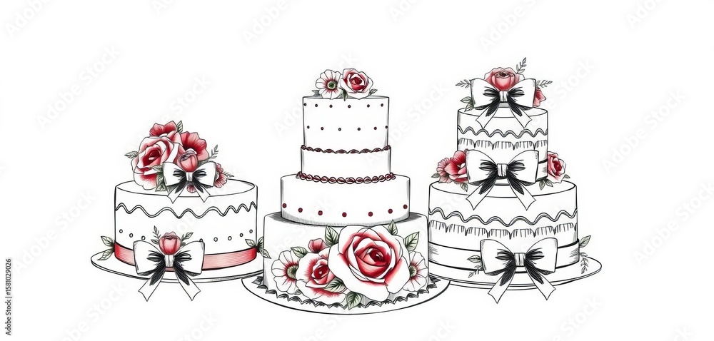 Fototapeta premium Hand-drawn vector sketch of trendy floral wedding & birthday cakes with bows Vintage style, isolated on white, graphic, flowers