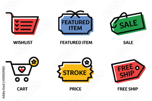 Shopping icons featuring sale, free shipping, cart, wishlist and other promotion elements