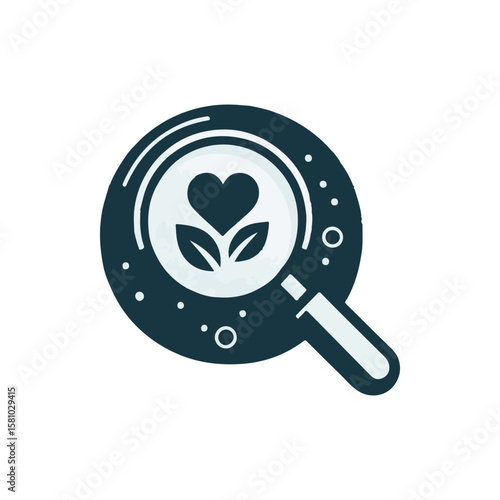 Magnifying glass focusing on a heart and plant symbolizing love for nature and growth