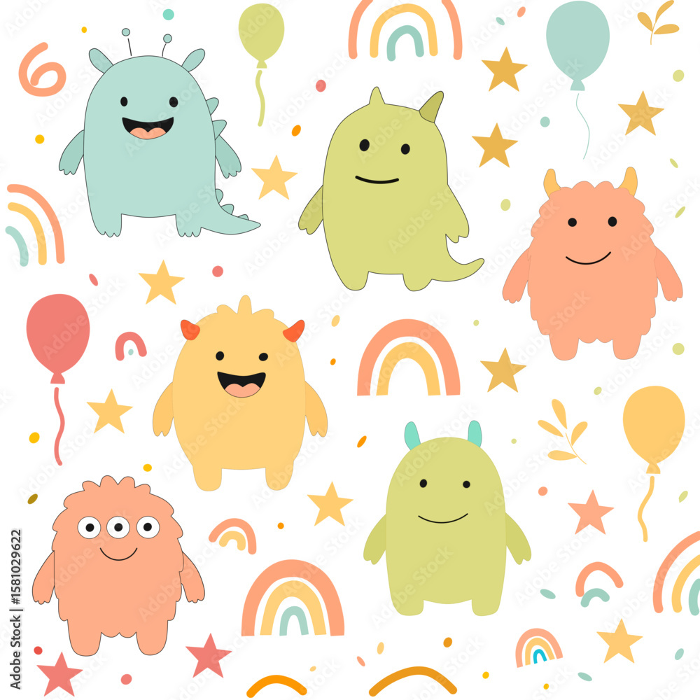 Fototapeta premium Wrapping Paper Title Cute Colorful Monsters and Rainbows Pattern for Kids