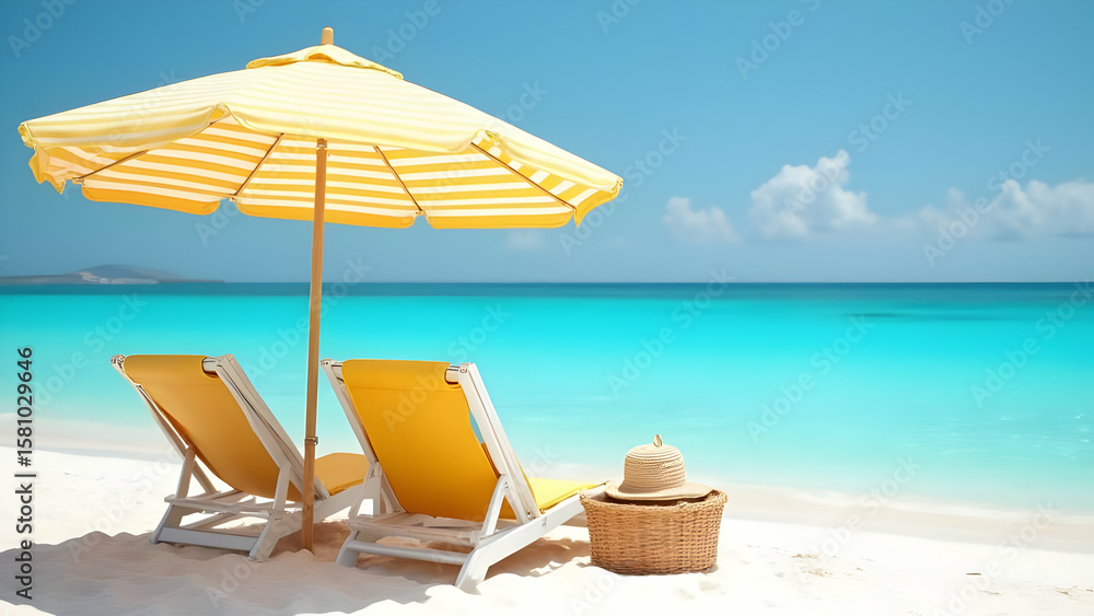 Two yellow deck chairs under a striped umbrella face the turquoise ocean, perfect for a peaceful tropical beach vacation scene. Two yellow deck chairs under a striped umbrella face the turquoise ocean, perfect for a peaceful tropical beach vacation scene.