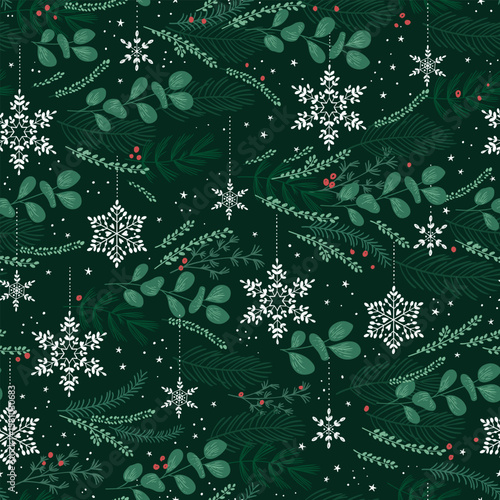 Lovely hand drawn Christmas seamless pattern, cute greenery, snowflakes and berries, great for textiles, wrapping, banners, wallpapers - vector design