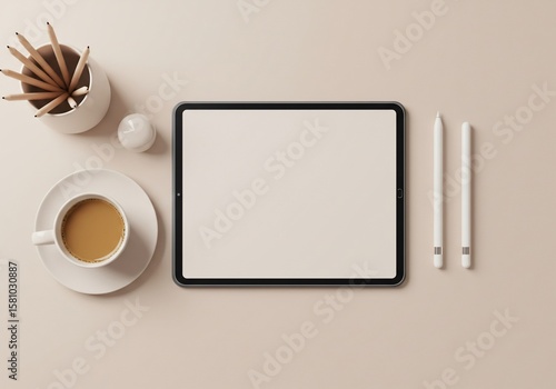 Serene Minimalist Workspace: Tablet, Coffee, and Pencils