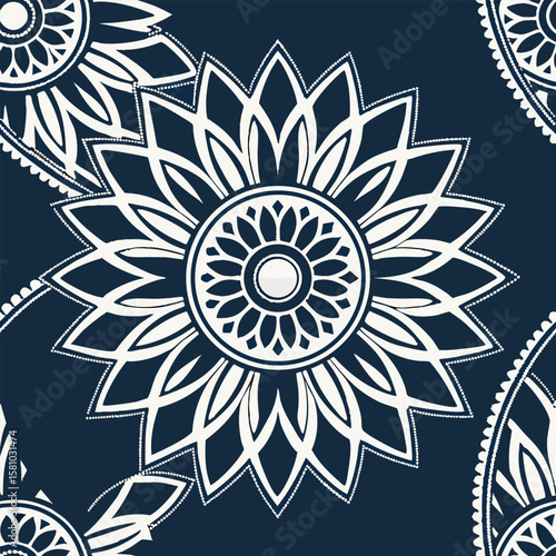 Elegant decorative mandala pattern with navy blue and white color scheme