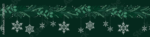 Cute hand drawn horizontal seamless pattern with fir branches and hanging decoration, great for christmas banners, wallpapers, wrapping, textiles - vector design
