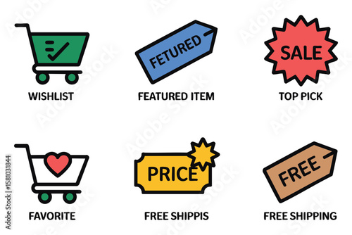 E-commerce icons showcasing online shopping deals such as sale, featured item, free shipping, favorite and wishlist options for online stores.