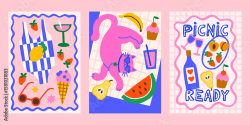 Summer beach picnic vector posters set. Bright print designs with cat, food, drink, fruits, swimsuit flatlay illustrations