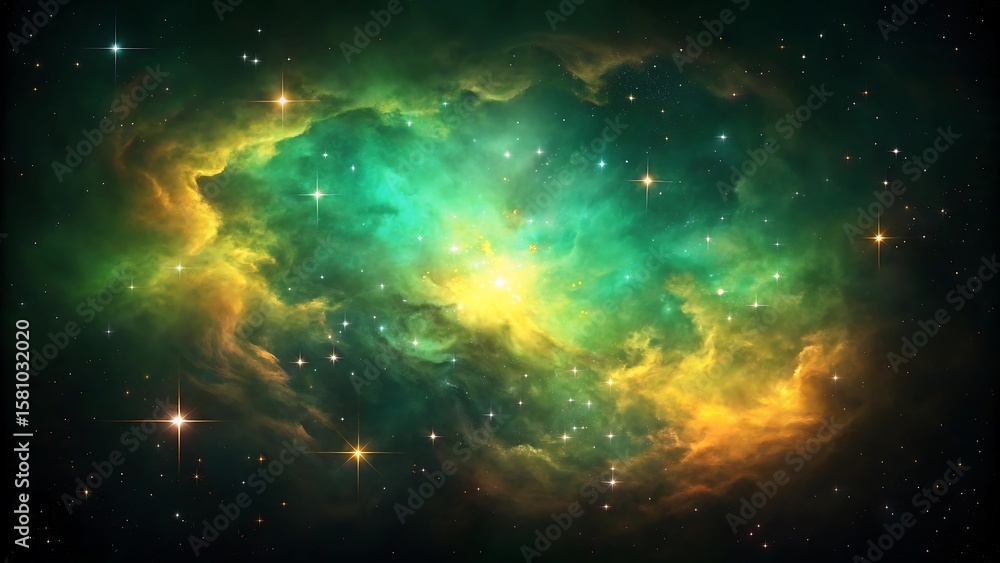 Fototapeta premium Vibrant emerald and gold nebula swirls with twinkling stars in deep space cosmos