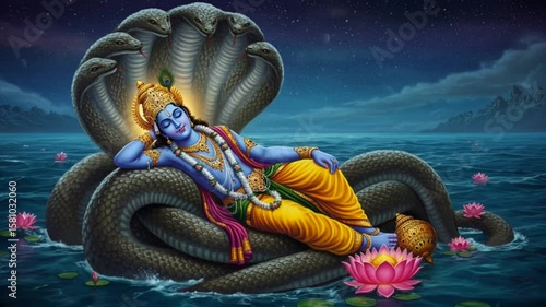 Lord Vishnu Resting on Ananta Shesha – Spiritual Animation