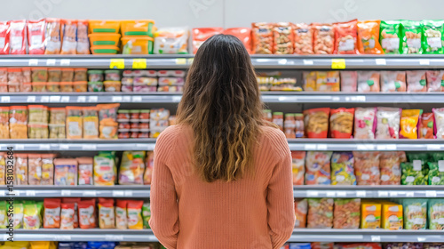 Woman browsing snack aisle in grocery store. Shelves stocked with various packaged foods. Consumer choosing groceries in supermarket.