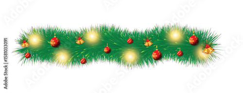 Green Christmas garland with festive decorations, including red baubles, golden bells, and glowing lights. 