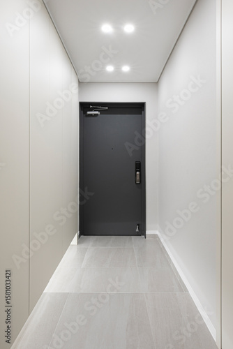 The dark gray front door is the pinnacle of simple interior design