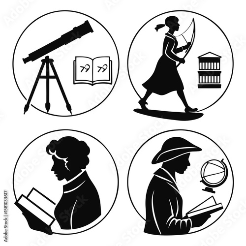 Academic subject icons silhouettes education science