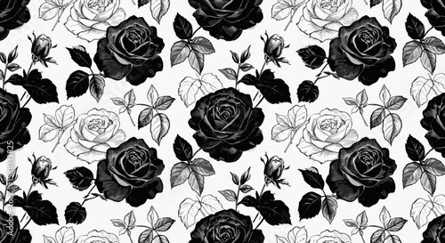 Black and white floral pattern featuring roses and leaves  