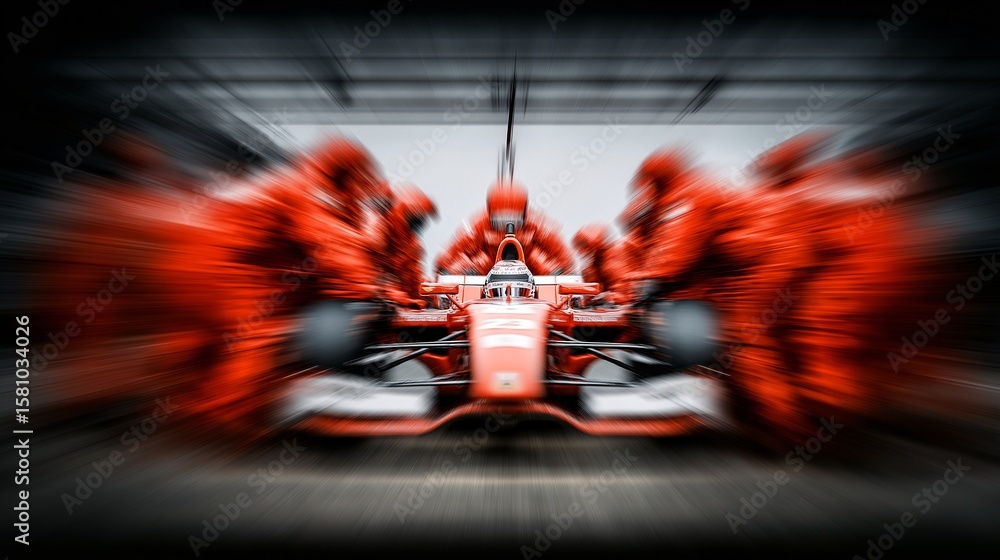 Obraz premium Race Car Pit Stop: High-speed pit crew swarms around a Formula 1 race car in a blur of motion, epitomizing precision and teamwork. The race car is the central focus.