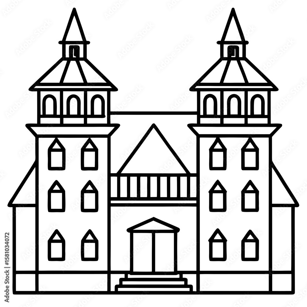 Fototapeta premium Detailed architectural drawing of a symmetrical building with towers silhouette isolated on white background